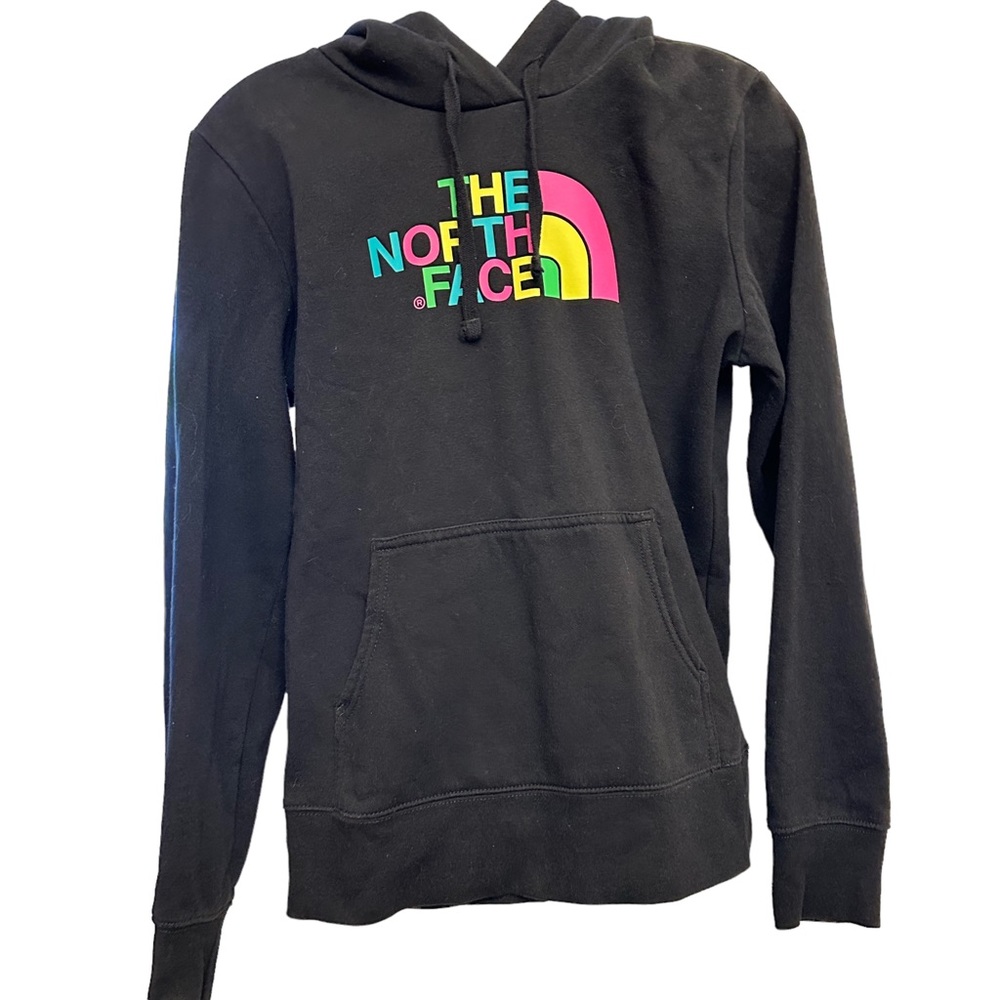 The North Face Hoodie Womens Small Black Sweatshirt Pullover Rainbow Logo